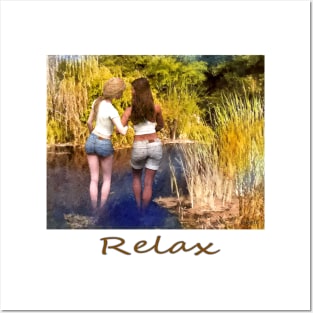 Two women girls wading in pond zen yoga buddhism Posters and Art